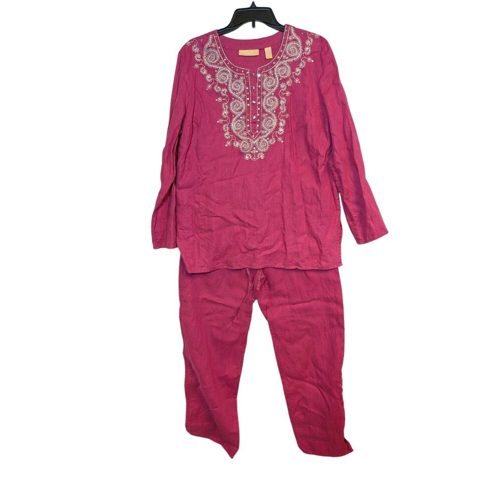 Kate Hill Womens Pink Embroidered Linen Tunic & Pants Set Size L